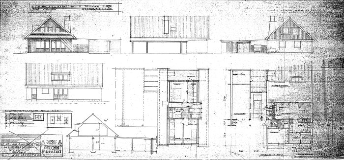 Arkitektritningar av husets fasad och planlösning, indikerar möjliga bärande väggar.