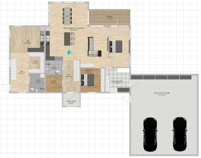 Planritning av en lägenhet som visar ett förslag till ombyggnad av ett stort vardagsrum till ett extra sovrum och garderob.