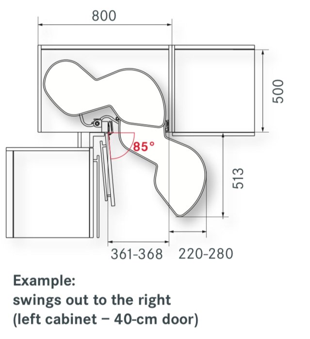 Ritning av Le Mans-hörnskåp för 40 cm bred dörr som svänger ut åt höger, med måttangivelser.