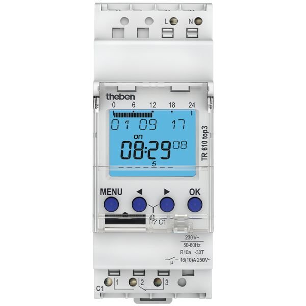 Elektronisk timer Theben TR 610 monterad på en DIN-skena med display och programmeringsknappar.