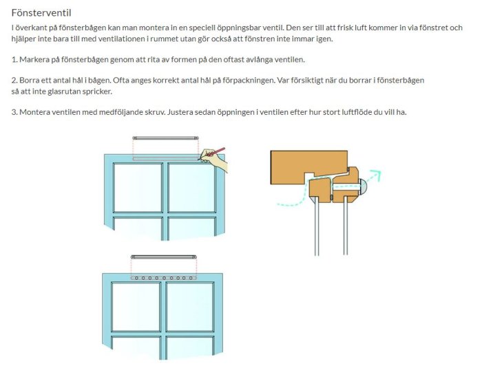 Illustration som visar steg för att montera en tilluftsventil i övre delen av ett fönster.