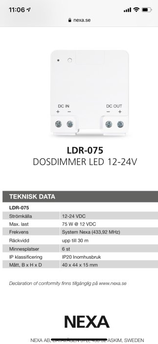 Skärmdump av Nexa LDR-075 LED-dimmer med teknisk data för anslutning till nätsystem.