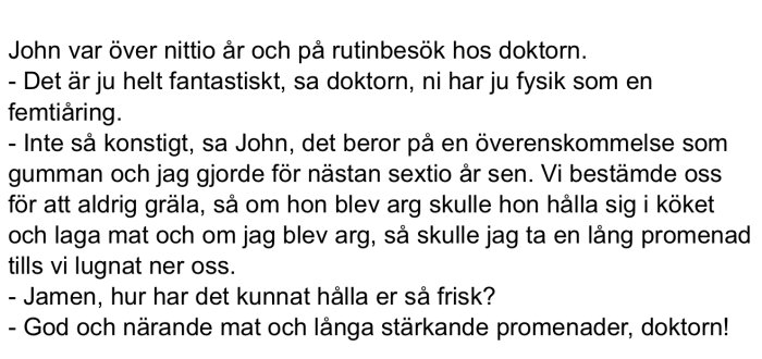 Text från en dialog där en 90-årig man förklarar sitt långa och friska liv med god mat och promenader.