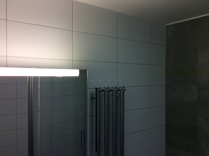 Badrumsinteriör med grå kakelvägg, långsträckt lysrörsarmatur ovanför en dusch och en hörna med mörkgrå klinker.