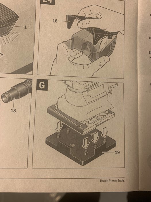 Illustration ur manual som visar montering av delar på en verktygsmaskin från Bosch Power Tools.