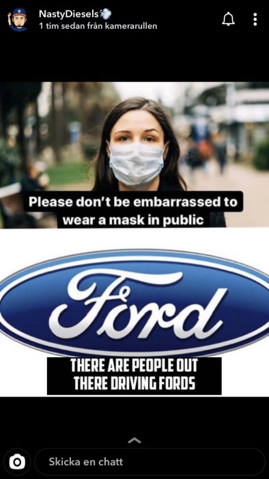 Kvinna med ansiktsmask och överlagrad text uppmanar till användning av mask, underdel visar Ford-logga med textskämt.