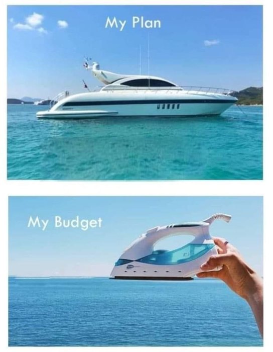 Humoristisk jämförelse med två bilder, övre med en lyxig yacht för 'Min plan' och nedre med en liten leksaksbåt för 'Min budget'.