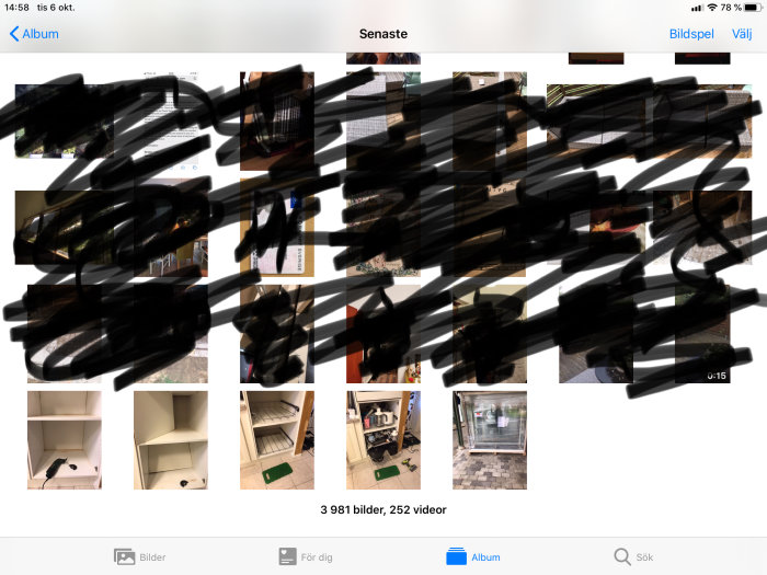 Skärmdump av ett iPhone-galleri med bilder som är överkryssade för att dölja innehållet.