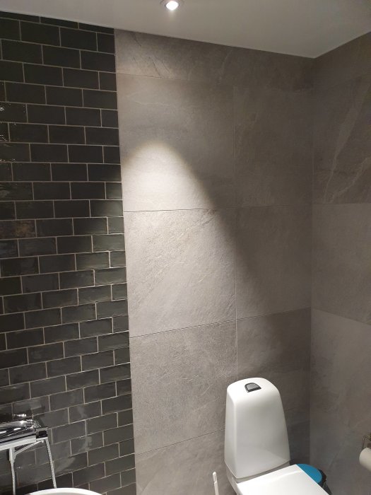 Litet badrum med kaklade väggar i grått och svart, vit toalett och högt i tak.
