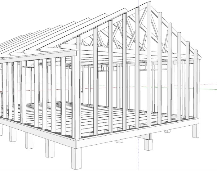 Skiss av en trästomme för en byggnad med reglar som löper vertikalt upp mot taket.