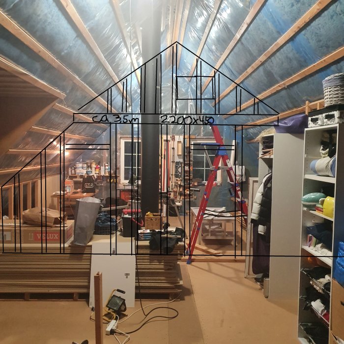 Vind med öppet till nock och påbörjat arbete med dimensioner för sovrum dividerat genom konstruktionsritningar.