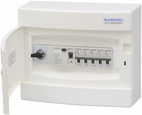 Vit säkerhetsbrytare med märkning Malmbergs, inklusive knappar och säkringar.