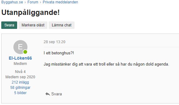 Skärmdump från ett diskussionsforum med en konversation mellan användare om byggnadsmaterial.