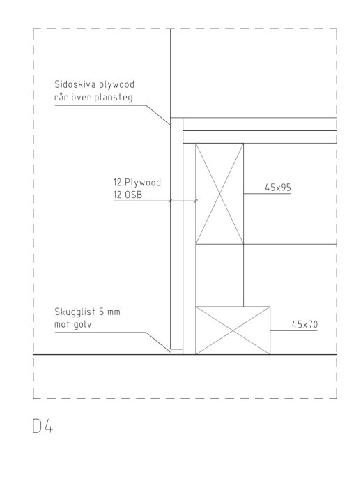 Sektionsritning av en trappkonstruktion med reglar och plywood inklusive måttangivelser.