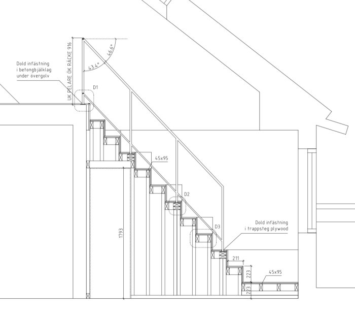 Arkitektonisk ritning av en trappkonstruktion med måttangivelser och detaljer.