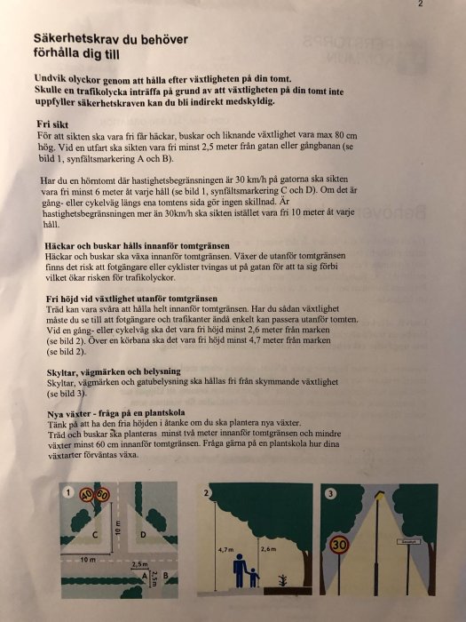 Dokument med text och illustrationer om säkerhetskrav för växtlighet vid tomtgräns relaterat till sikt, höjd och placering.