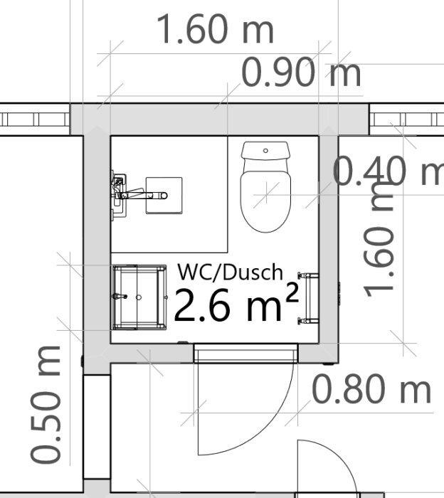 Ritning av ett litet badrum med mått, inklusive en dusch, WC och handfat. Total yta är 2.6 kvadratmeter.