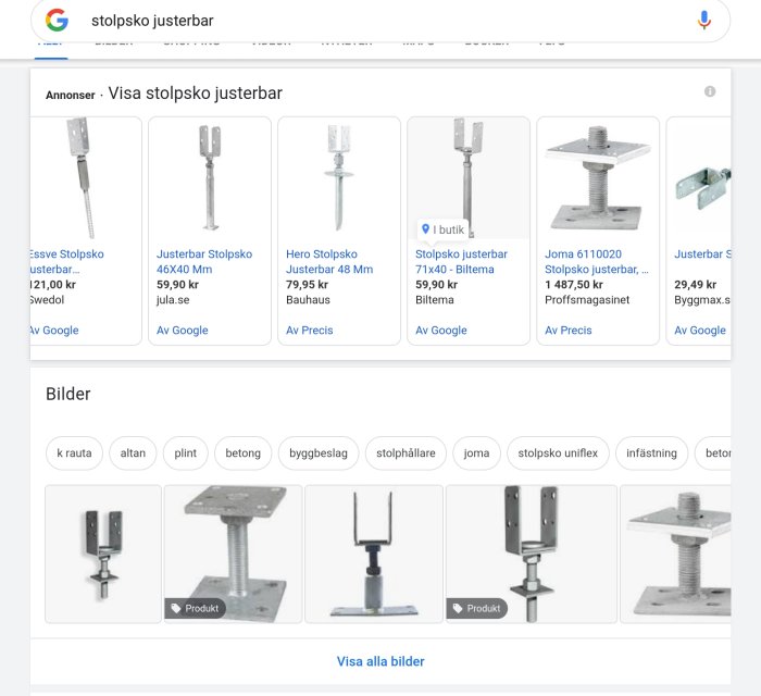 Olika modeller av justerbara stolpskor för byggprojekt på en sökmotorannons och bildresultatsida.