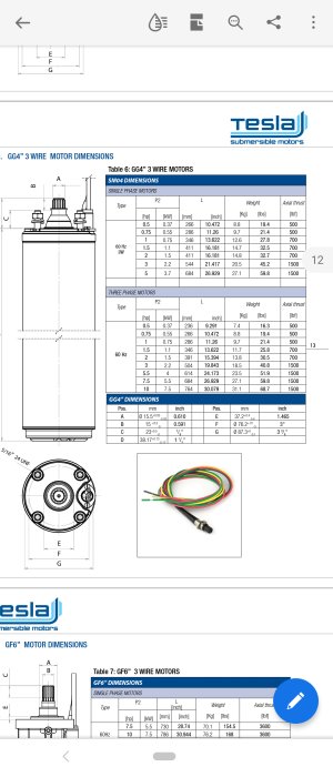 Motorkabelsspecifikation och måttskiss för Tesla submersibla motorer med tekniska detaljer.