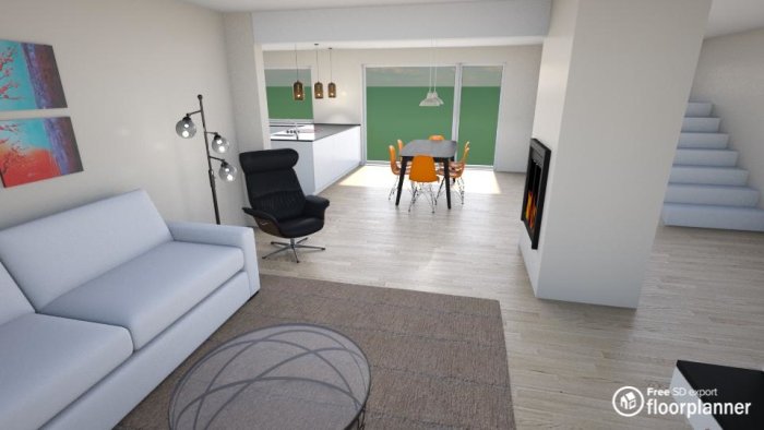 3D-visualisering av öppen planlösning med kök och vardagsrum, inklusive möbler och trappa.