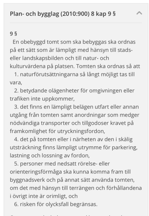 Skärmbild av en texturval från Plan- och bygglagen, med fokus på 8 kap 9 § om ordning av obebyggd tomter och tillgänglighet.