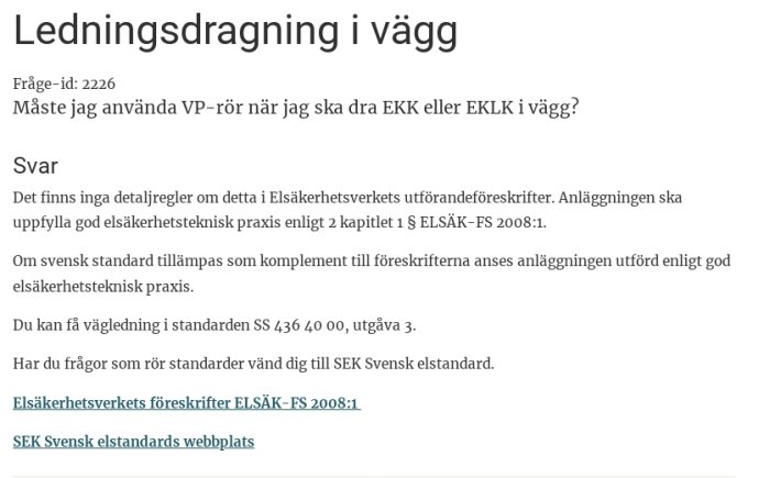 Skärmbild av Elsäkerhetsverkets svar gällande regler för ledningsdragning i vägg.