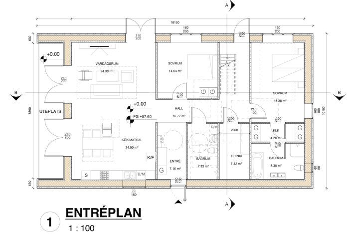 Arkitektonisk ritning av enplanshus med beteckningar för rum som vardagsrum, kök, sovrum och badrum.