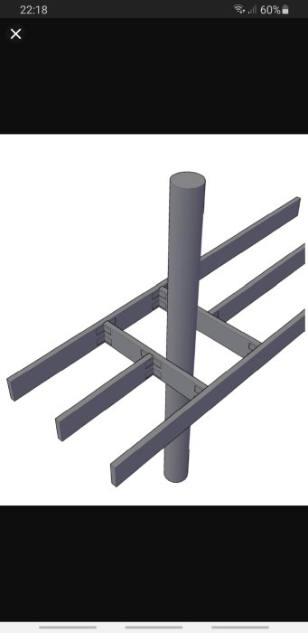 3D-modell av mellanbjälklag med bärande regel och avväxlingsreglar runt en vertikal stolpe.