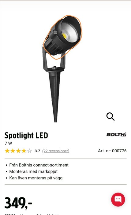 LED-spotlight på markspjut från Bolthi, 7W, möjlig väggmontering, produktinfo och pris.