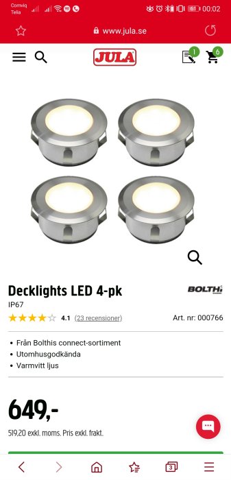 Fyrpack Bolthi LED-decklights tända, utomhusgodkända, i rostfritt stål design, mot vit bakgrund.