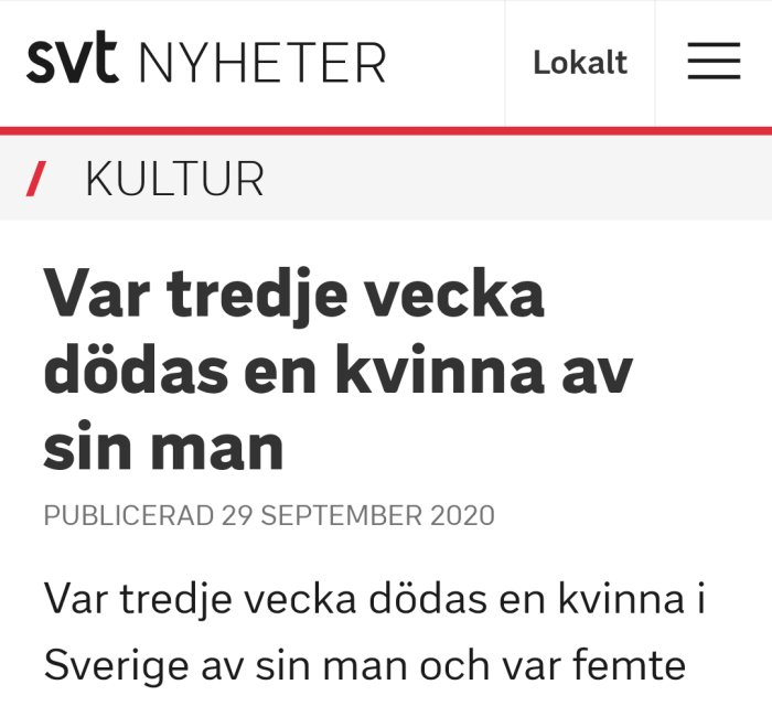 Skärmdump av en SVT nyhetsartikel med rubriken "Var tredje vecka dödas en kvinna av sin man".