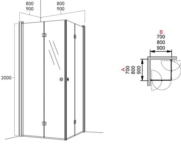 Ritning av hopfällbara duschdörrar med dimensioner, öppningsbart hörnduschutrymme i ett badrum.
