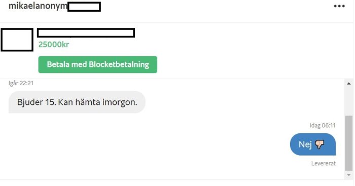 Skärmdump från Blocket med censurerade meddelanden, ett erbjudande på 25000 kr, det andra på 15000 kr.