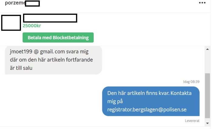 Skärmdump av meddelanden på Blocket med dold information och misstänkt scam-försök.