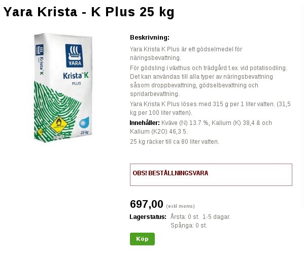 Förpackning av Yara Krista K Plus 25 kg gödselmedel med produktinformation och pris.