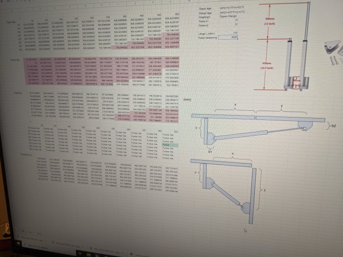 Datorskärm som visar tekniska ritningar och beräkningar för ett skrivbordsprojekt.