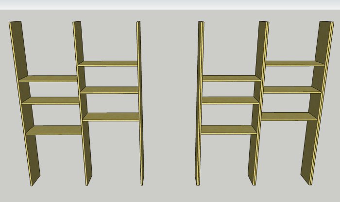 3D-modell av platsbyggda bokhyllssektioner med flyttbara hyllplan i osymmetrisk design.