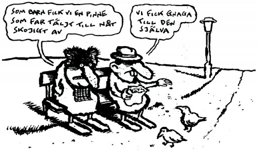 Karikatyr av två personer på en parkbänk som håller pinnar, omgiven av duvor, med pratbubblor om matvanor förr.