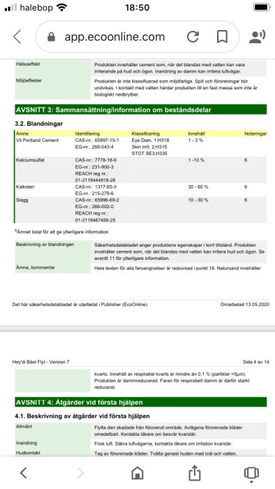 Säkerhetsdatablad på skärm för Hey'di Bäst Flyt visar blandningar och första hjälpen-instruktioner.