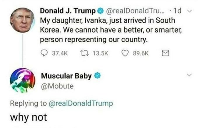 Skärmdump av Twitter-inlägg från Donald J. Trump och svar från användaren Muscular Baby.