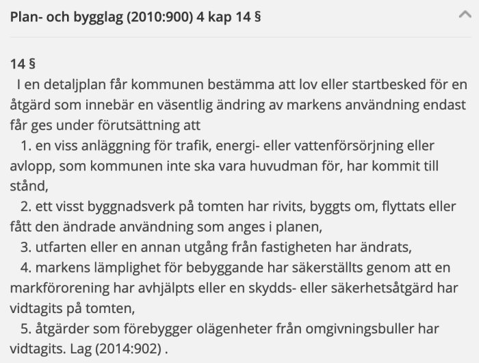 Textdokument som visar 14 § från Plan- och bygglagen, detaljerar villkor för bygglov och startbesked.