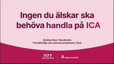 Informationsbild från 1177 med texten "Ingen du älskar ska behöva handla på ICA" mot en rosa bakgrund.