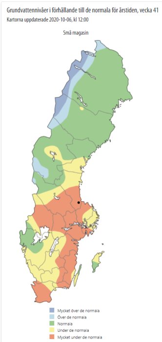 Karta över Sveriges grundvattennivåer med olika färger som visar varierande nivåer från mycket över det normala till mycket under det normala.