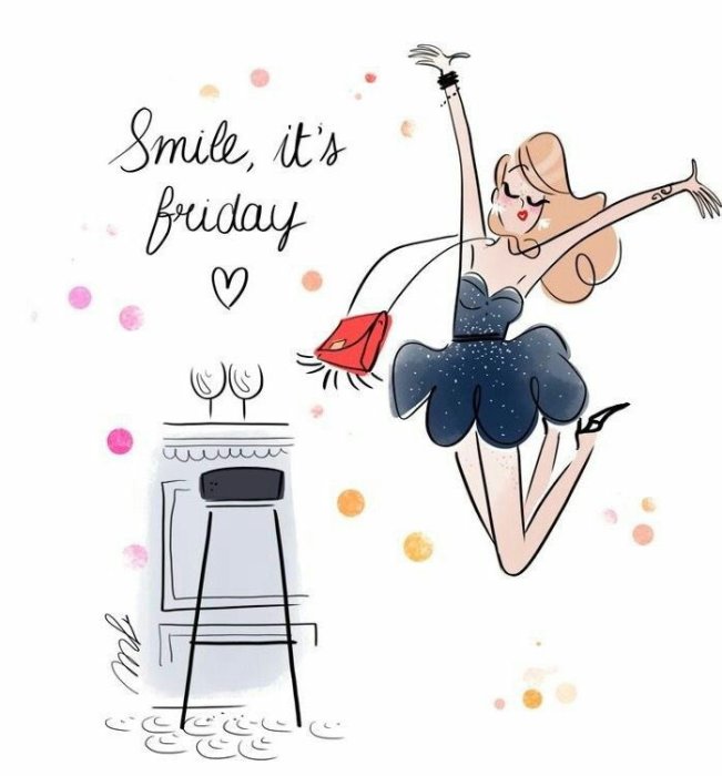 Illustration av en glad kvinna som dansar med texten "Smile, it's Friday", konfetti i bakgrunden.