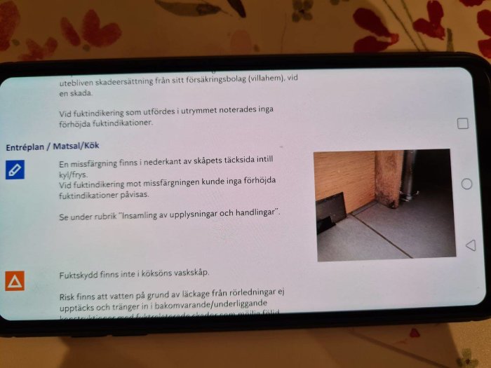 Skärmdump av besiktningsprotokoll med bild på skadat trä vid golvsockel och diskussion om fuktskada och dess åtgärder.