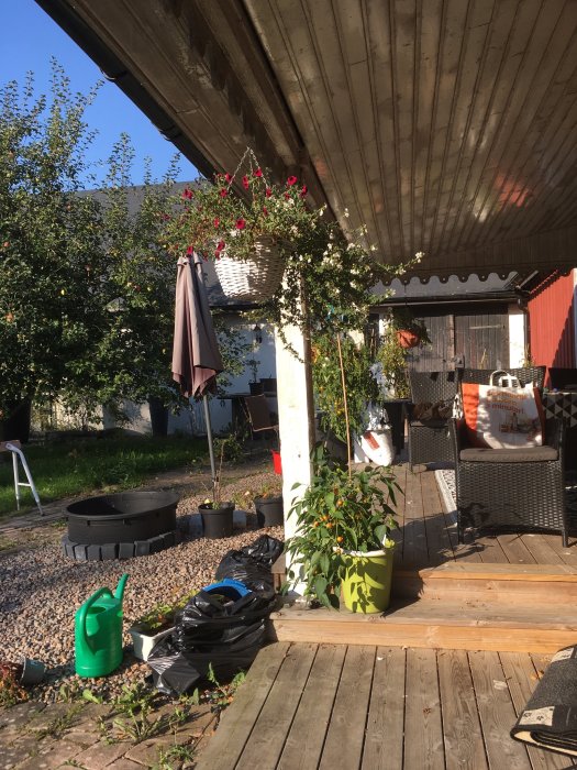 Uteplats med trädäck vid stall/loghus, solbelyst med möbler, växter och diverse föremål utspridda.