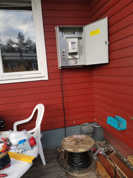 Nytt mätarskåp monterat på röd husvägg med öppet skåp visande elmätare och elinstallationer, verktyg och material framför.