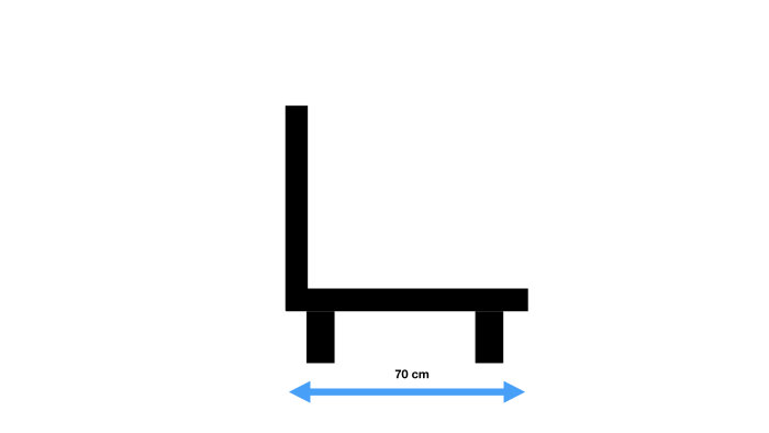 Enkel skiss av en stol utan armstöd med 90 graders rygg- och sitsvinkel och måttmarkering.