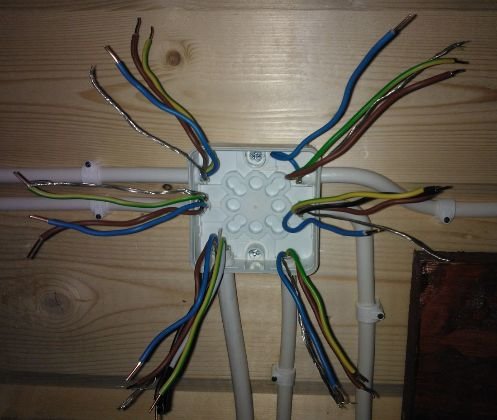 Elektriska kablar organiserade i mönster före koppling i en kopplingsdosa på en trävägg.
