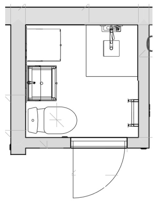 Ritning av wc/dusch-rum med optimerad planlösning för wc-stol, handfat, vikbara duschväggar och högskåp.